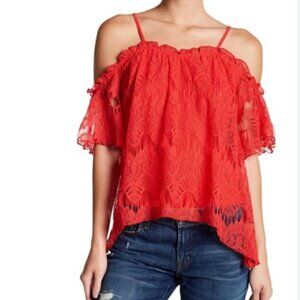 LOVE, FIRE Red Cold Shoulder Lace Ruffle Spaghetti Strap Short Sleeve Top M